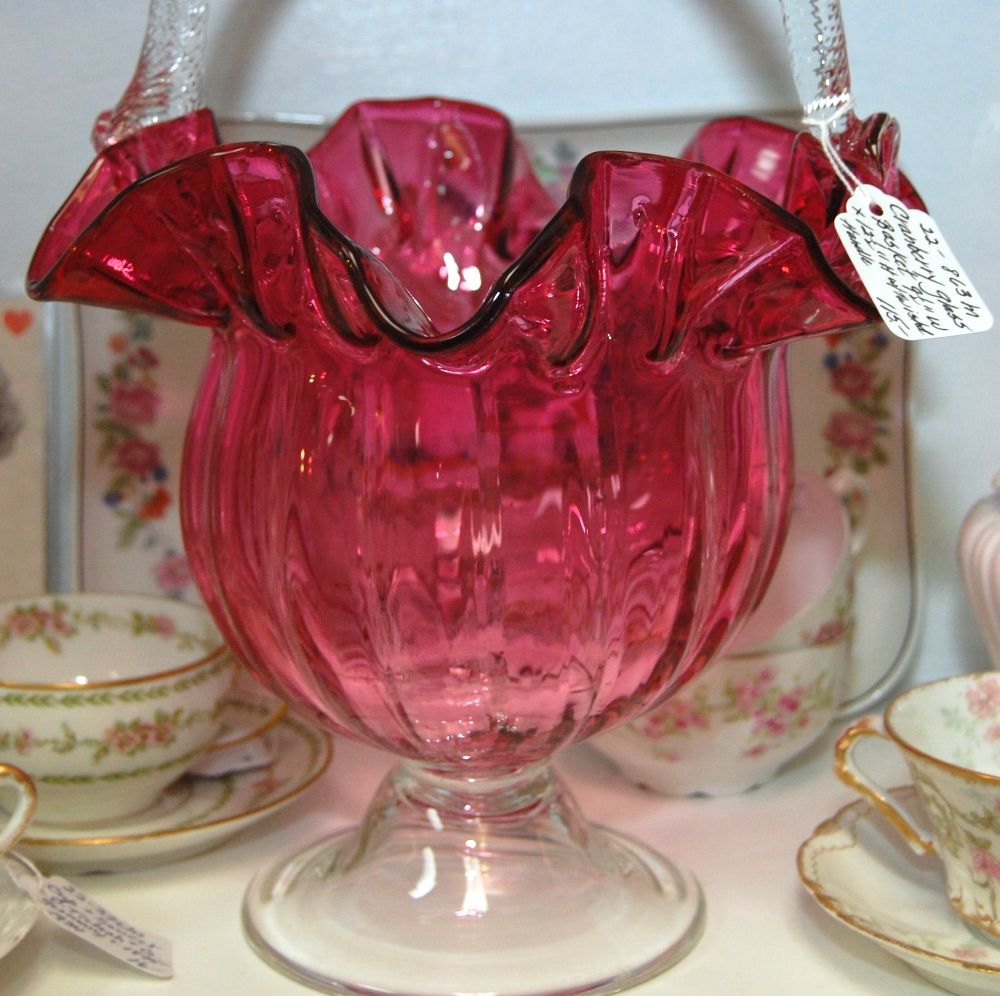Cranberry Glass Basket 9 1/2"w x 12 1/2" H with handle