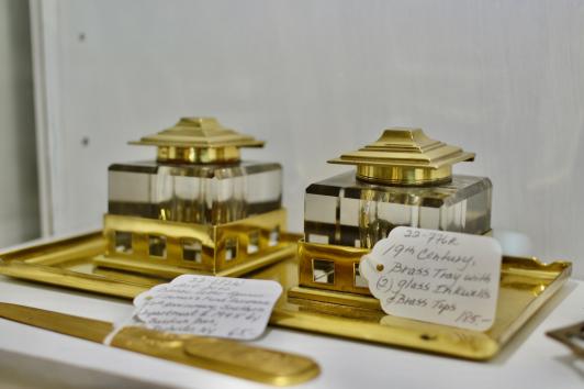 19th. Century brass tray w/ 2 glass inkwells, brass tops