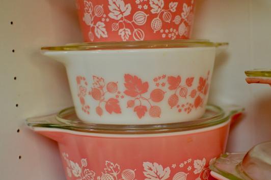 Covered white & pink Pyrex covered dish