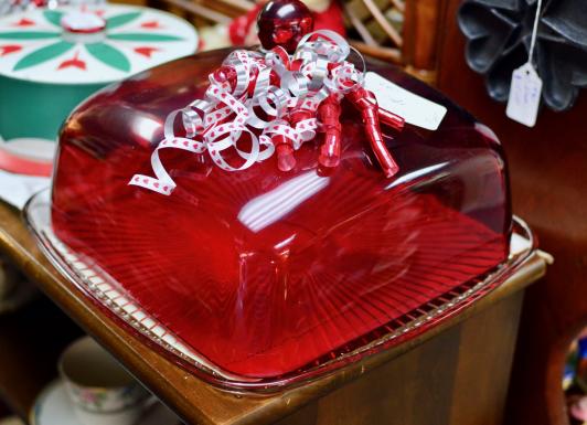 Glass red cake plate w/ cover