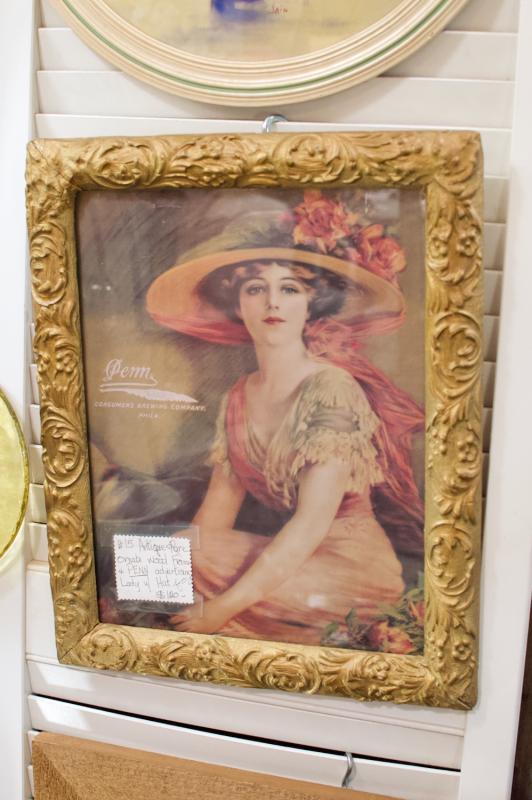 Antique rare ornate wood frame & Penn advertising lady w/ hat