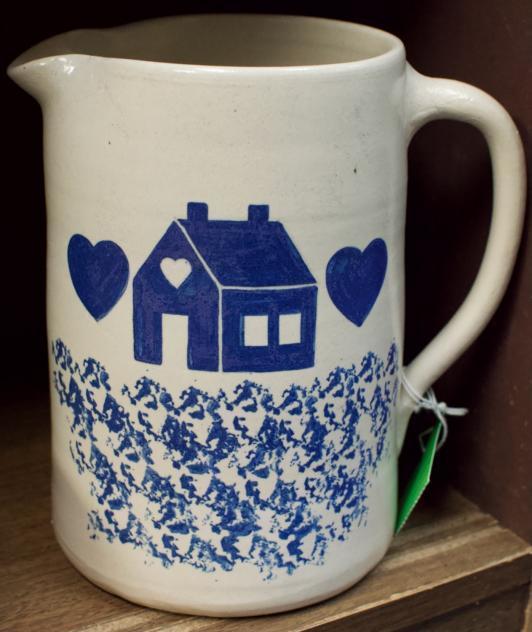 Blue pottery pitcher