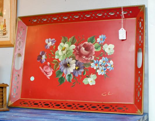 Red painted floral toleware tray