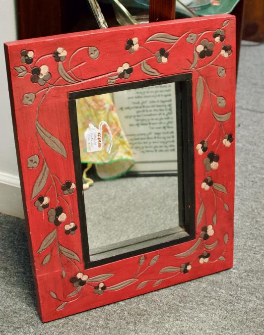 Vintage red wooden wall mirror