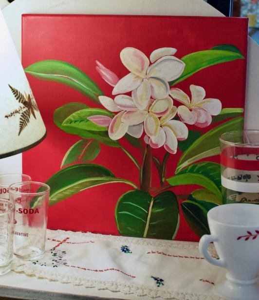 White flowers on red oil on canvas painting