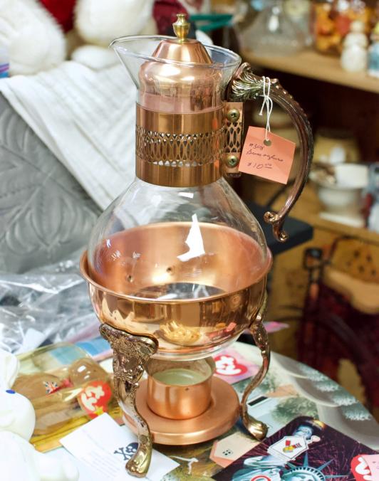 Brass, glass & copper warming carafe