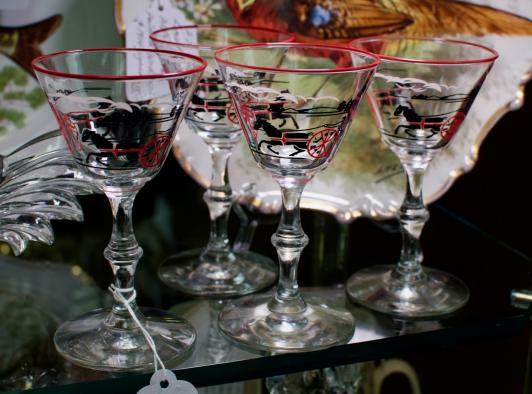 Libbey Currier & Ives carriage horse cocktail glasses
