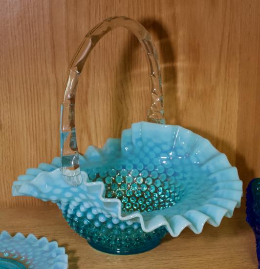 Fenton blue hobnail glass basket