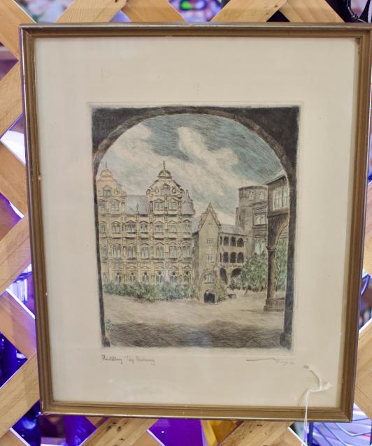 Vintage framed “Hoya” etching of German Berg