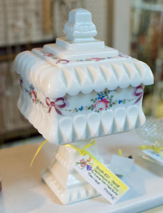 Westmoreland milk glass square covered dish - hand painted roses & bows