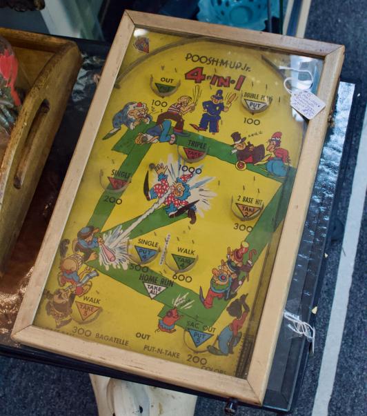 1940s-1950s Poosh-M-Up Jr pinball game in wood frame