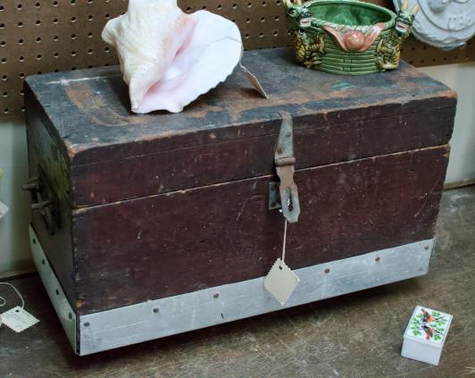 Old, wood & metal, rolling machinist storage chest