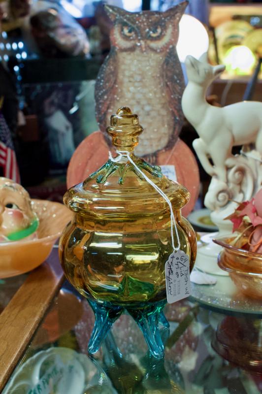 Amber & blue dish w/ lid