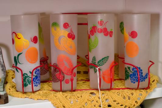 Set of 6 Tom Collins federal fruit glasses & carrier