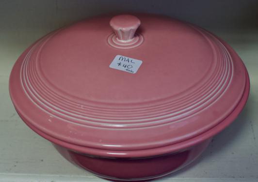 Pink fiesta ware covered bowl