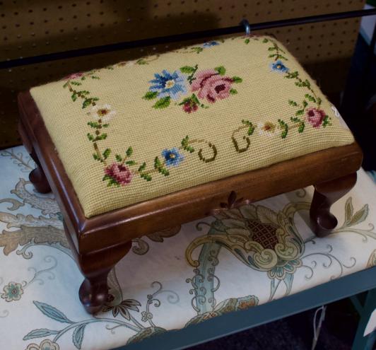 Footstool w/ yellow needlepoint fabric