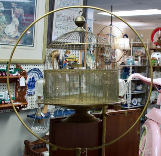 Andrew B. Hendryx Co. brass bird cage on metal stand