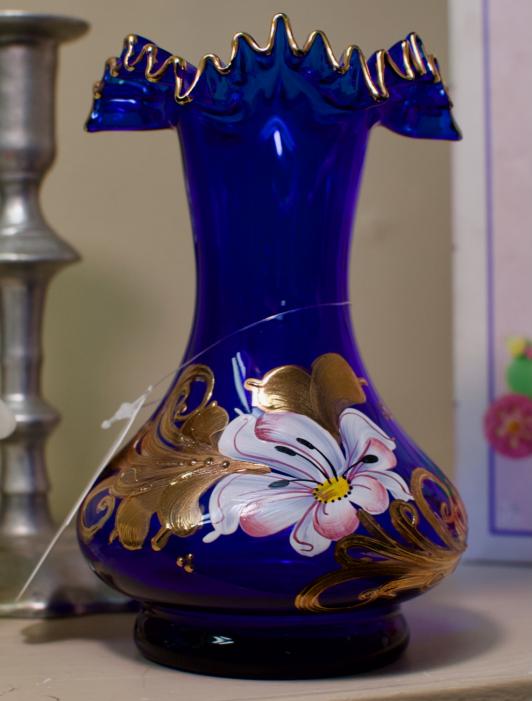 Hand painted cobalt blue bohemian glass vase