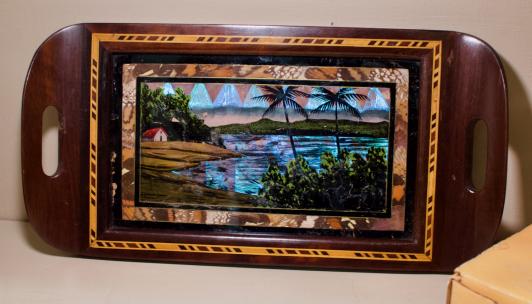 Vintage butterfly wings iridescent landscape inlaid wood tray
