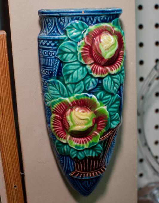 Vintage majolica wall pocket in blue