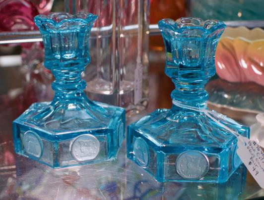 Vintage Fostoria blue coin depression glass candlestick pair