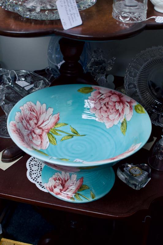 Large turquoise ceramic centerpiece bowl w/ peony flowers on pedestal