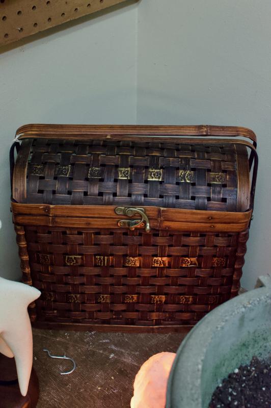 Vintage wood handled suitcase basket