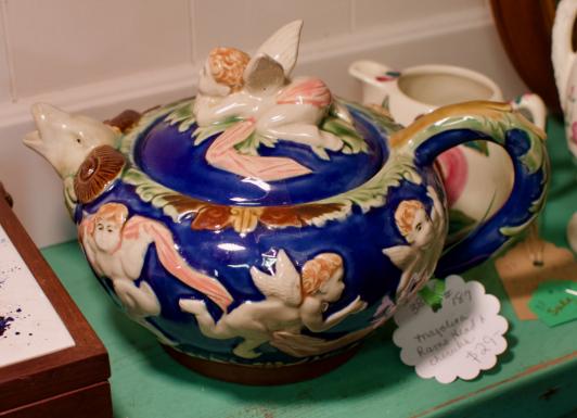 Majolica rams head & cherubs teapot