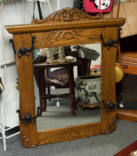 Antique oak mirror w/ 4 coat racks