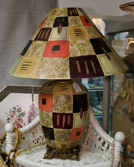 Colorful abstract patchwork lamp w/ matching metal shade