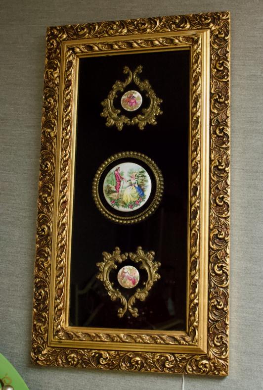 Victorian miniature porcelain cameos on velvet - gold tone frame