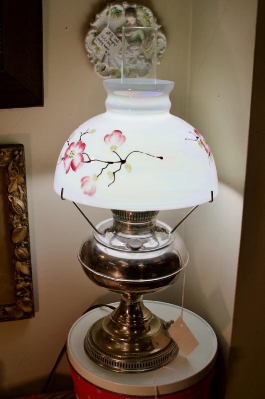 Antique electrified silver lamp w/ glass pearlescent shade