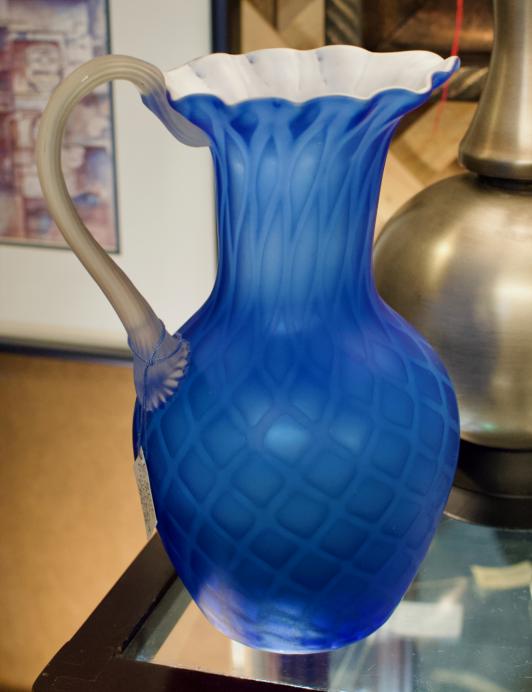 Blue glass quilted pitcher