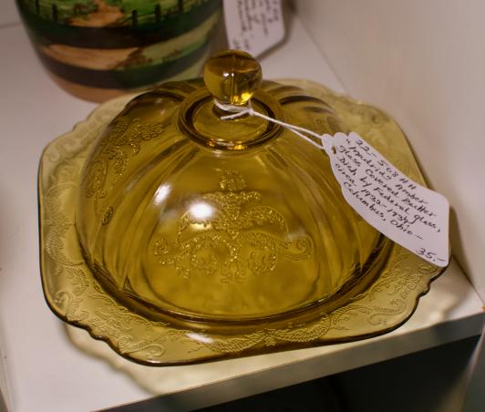 “Madrid” amber glass covered butter dish by Federal glass