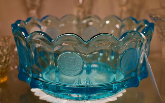 Round blue coin glass bowl