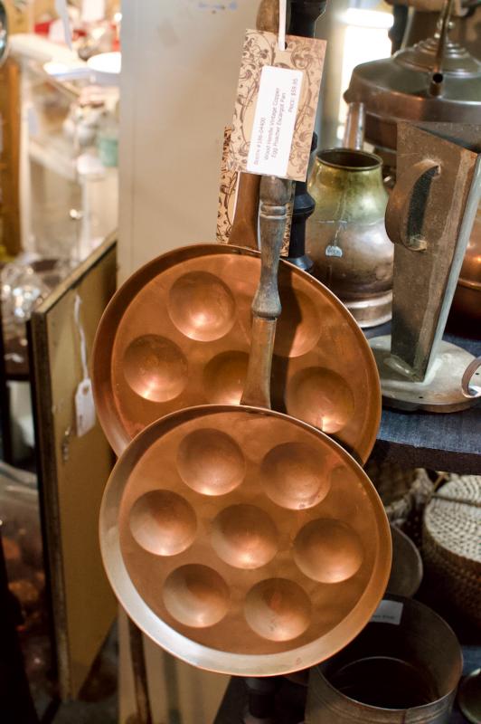 Wood handle vintage copper egg poacher escargot pan