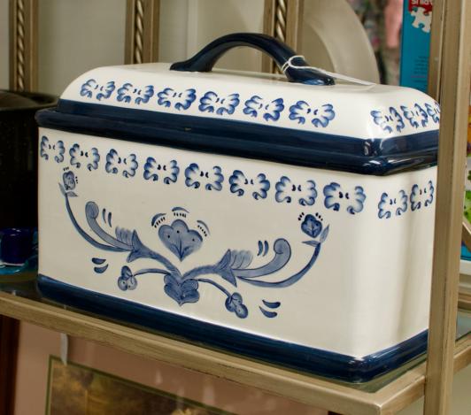 Large blue & white bread box