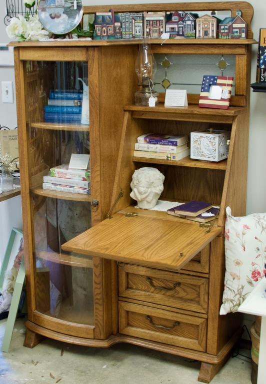 Solid oak secretary w/ stained glass