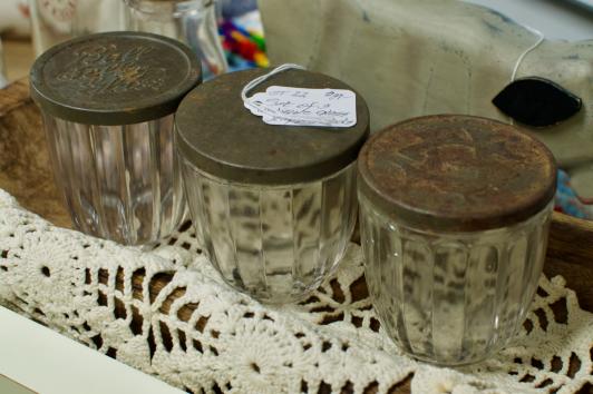 Set of 3 antique glass jelly jars & lids