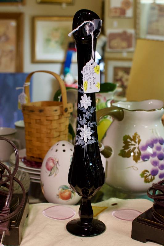 Fenton black amethyst swung glass bud vase - Trudy Budine
