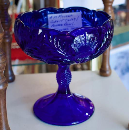 Mosser cobalt candy / footed bowl. Inverted thistle pattern