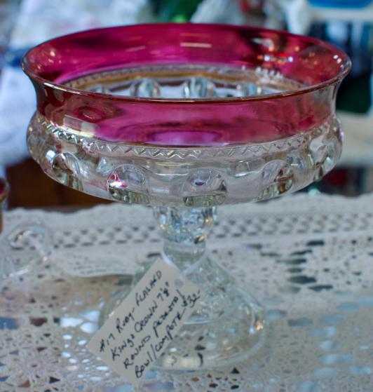 Ruby-flashed Kings Crown 7 1/8” round pedestal bowl / compote