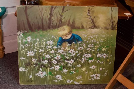 Vintage painting of child in field of flowers
