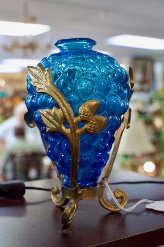 Vintage 2 pc blue glass vase in brass stand