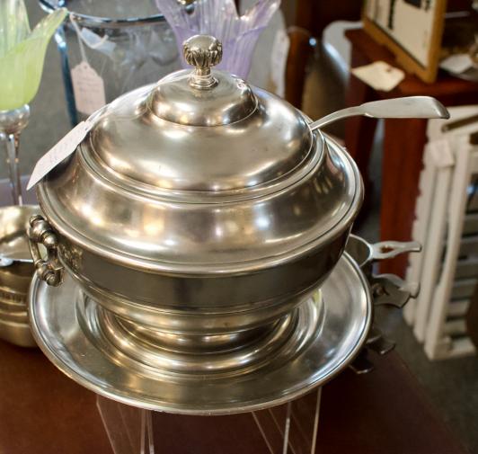 John Somers pewter tureen, ladle & underplate