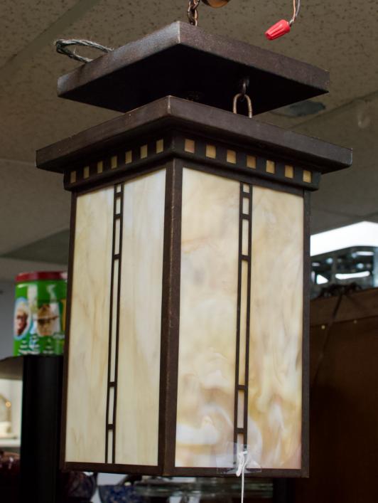 Arts & Crafts style rectangular slag glass electric hanging lamp fixture
