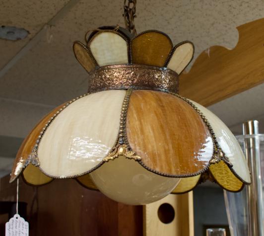 Arts & Crafts circa 1930s large round slag glass hanging electric lamp fixture