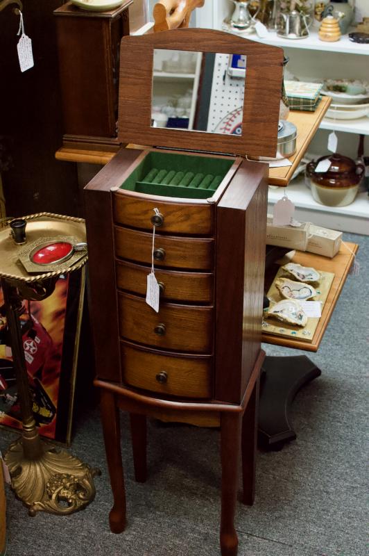 Standing wooden jewelry armoire w/ mirrored top