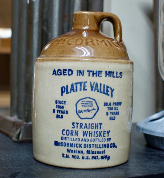 Vintage Platte Valley straight corn whiskey ironstone jug