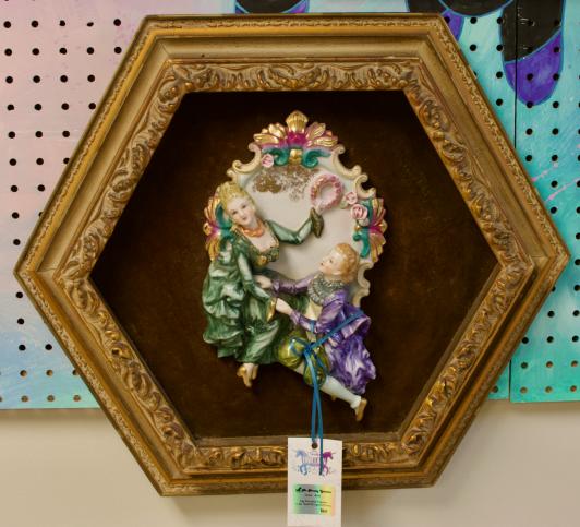 Vintage porcelain figurine in 20” gold hexagonal frame